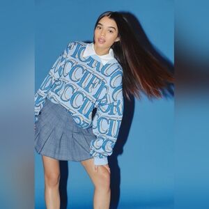 NEW Fiorucci Monogram Intarsia Knit Sweater in Blue Size Medium Logo Oversized